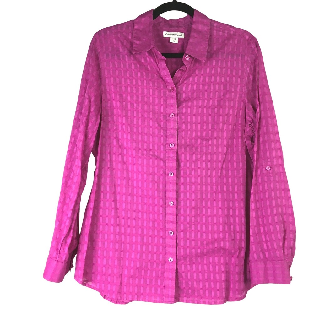 Coldwater Creek Fuchsia Pink Textured Cotton Roll Tab Button Down Shirt Large 14